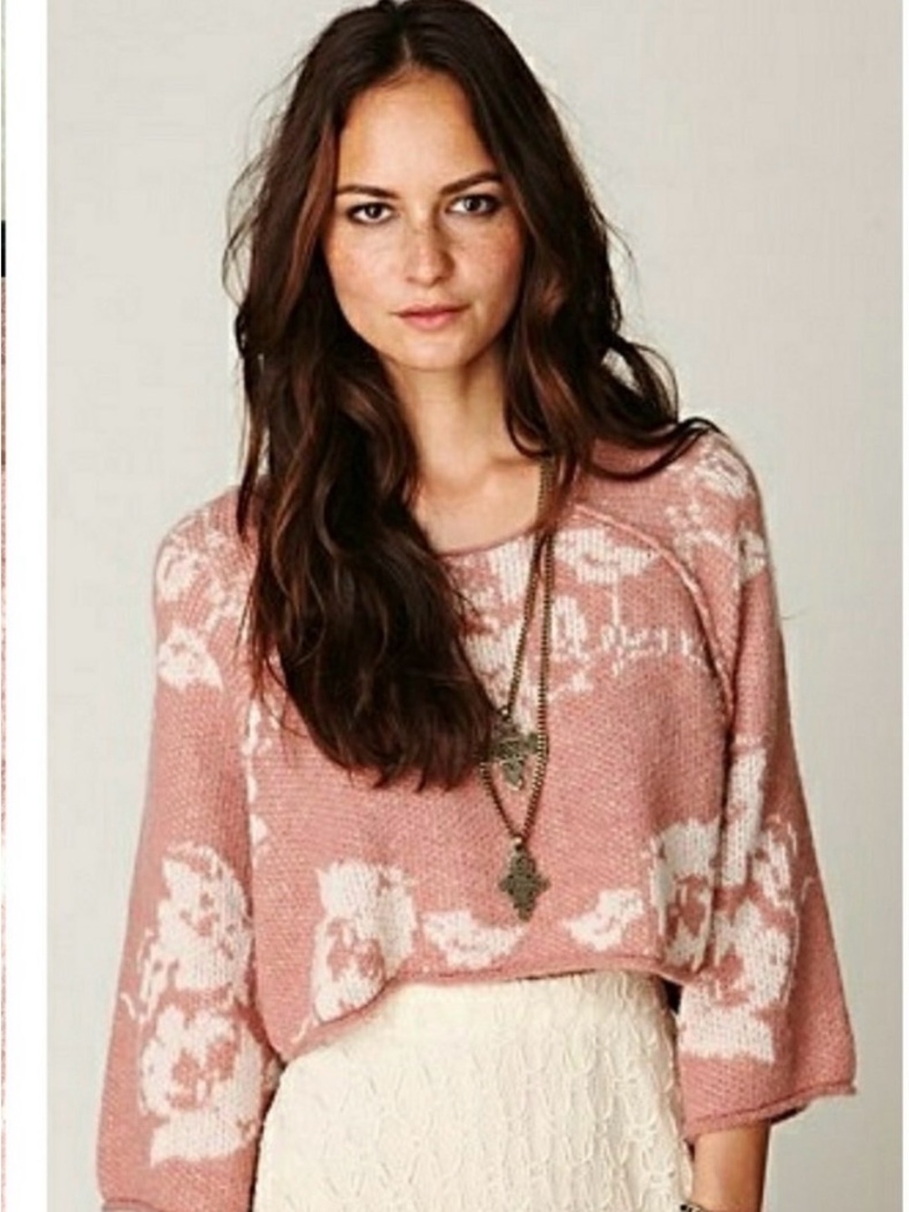 Free People Dusty Rose and Cream Floral Scoopneck Sweater